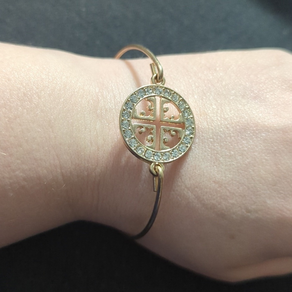 Gold Tone Clear Rhinestone Cross Bangle Statement Bracelet